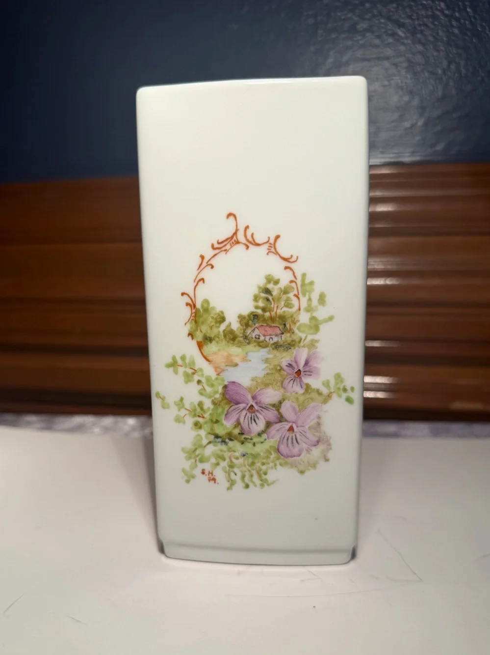 Vintage German Rectangular porcelain vase hand-painted flowers small landscape